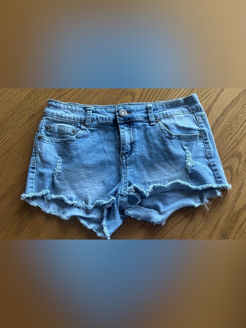 Light Blue Distressed Denim Shorts - Women